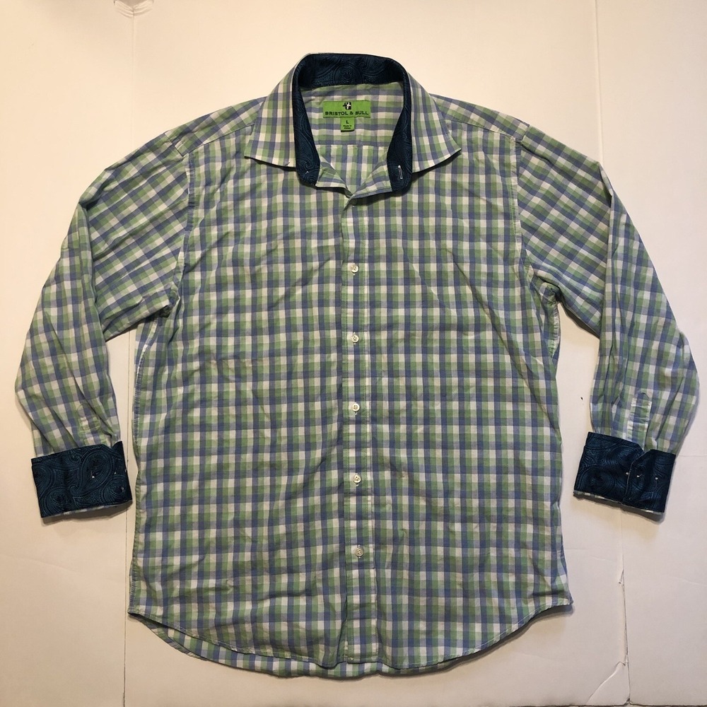 Bristol & Bull Mens Button Front Shirt Blue Green Plaid Flip Cuff Large